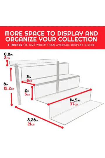 Dimensional diagram of EVORETRO RS6 acrylic riser showing 4-tier measurements in inches and centimeters.