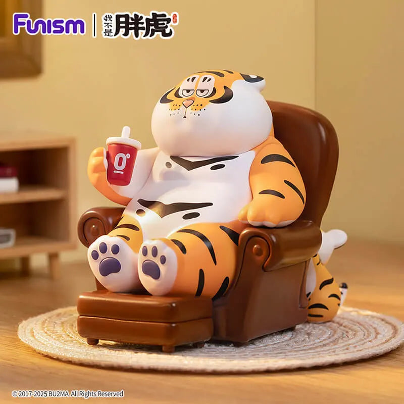 Fat Tiger lounging in chair drinking soda figure from Roaring Love series.