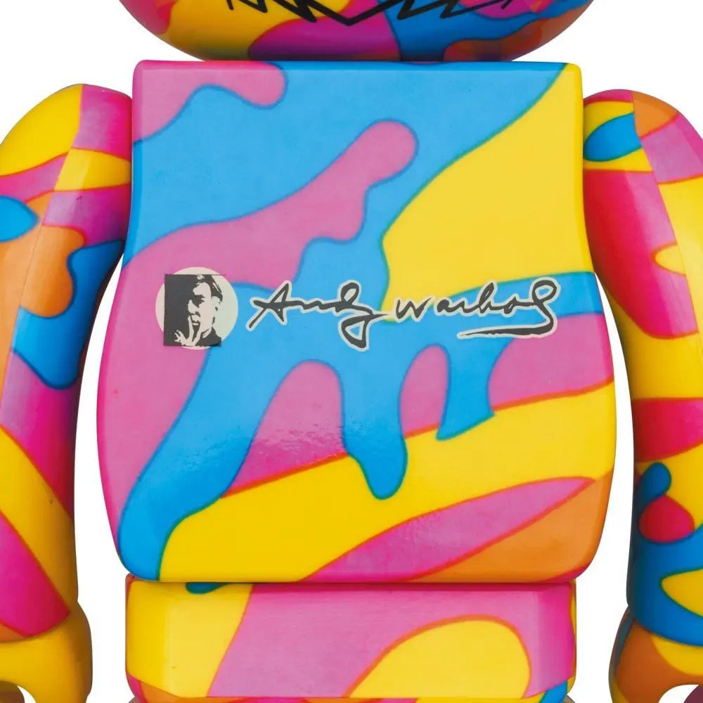 Back view of 400% & 100% Bearbrick Set – Andy Warhol (Special Edition BWWT 3) by Medicom Toy with Andy Warhol signature and colorful design