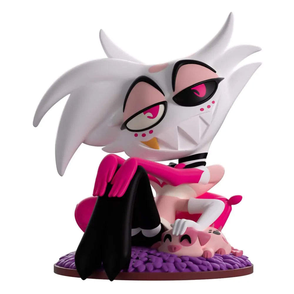 Angel Dust Hazbin Hotel Youtooz vinyl figure sitting pose with pink details and pet pig on purple base.