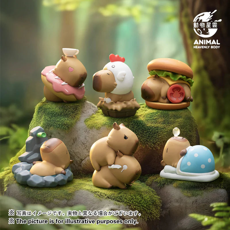 Full set of Animal Heavenly Body Capybara Series 2 blind box figures displayed in a forest background.