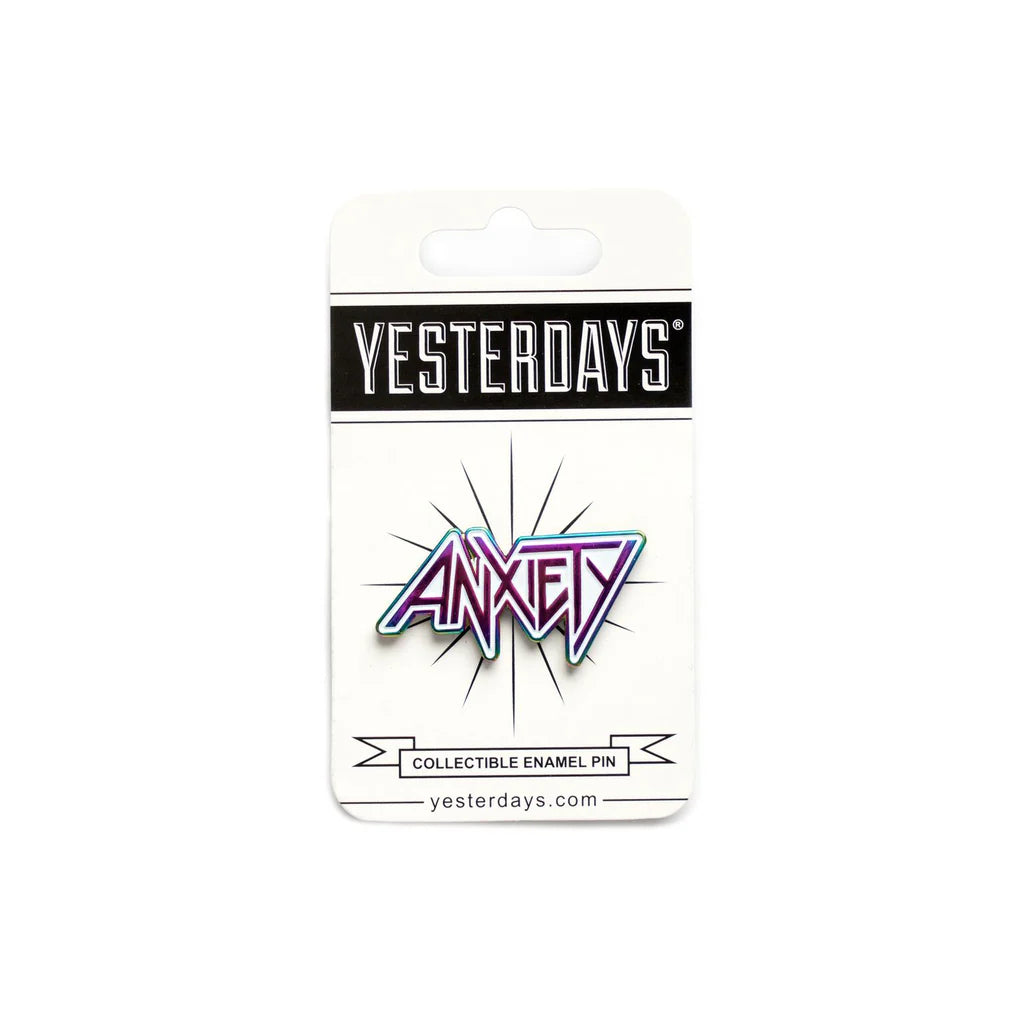 Backer card display of Anxiety anodized enamel pin collectible