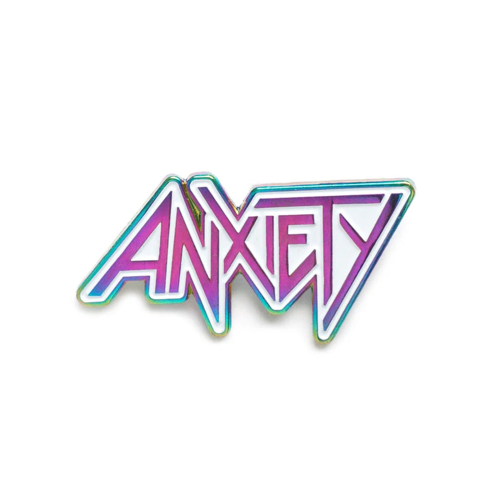 Close-up of Anxiety enamel pin by Yesterdays in metal band style