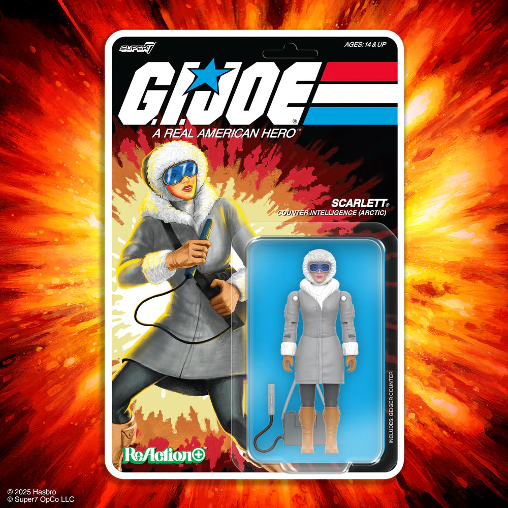 Arctic Scarlett GI Joe ReAction+ Figure displayed on explosive retro card art