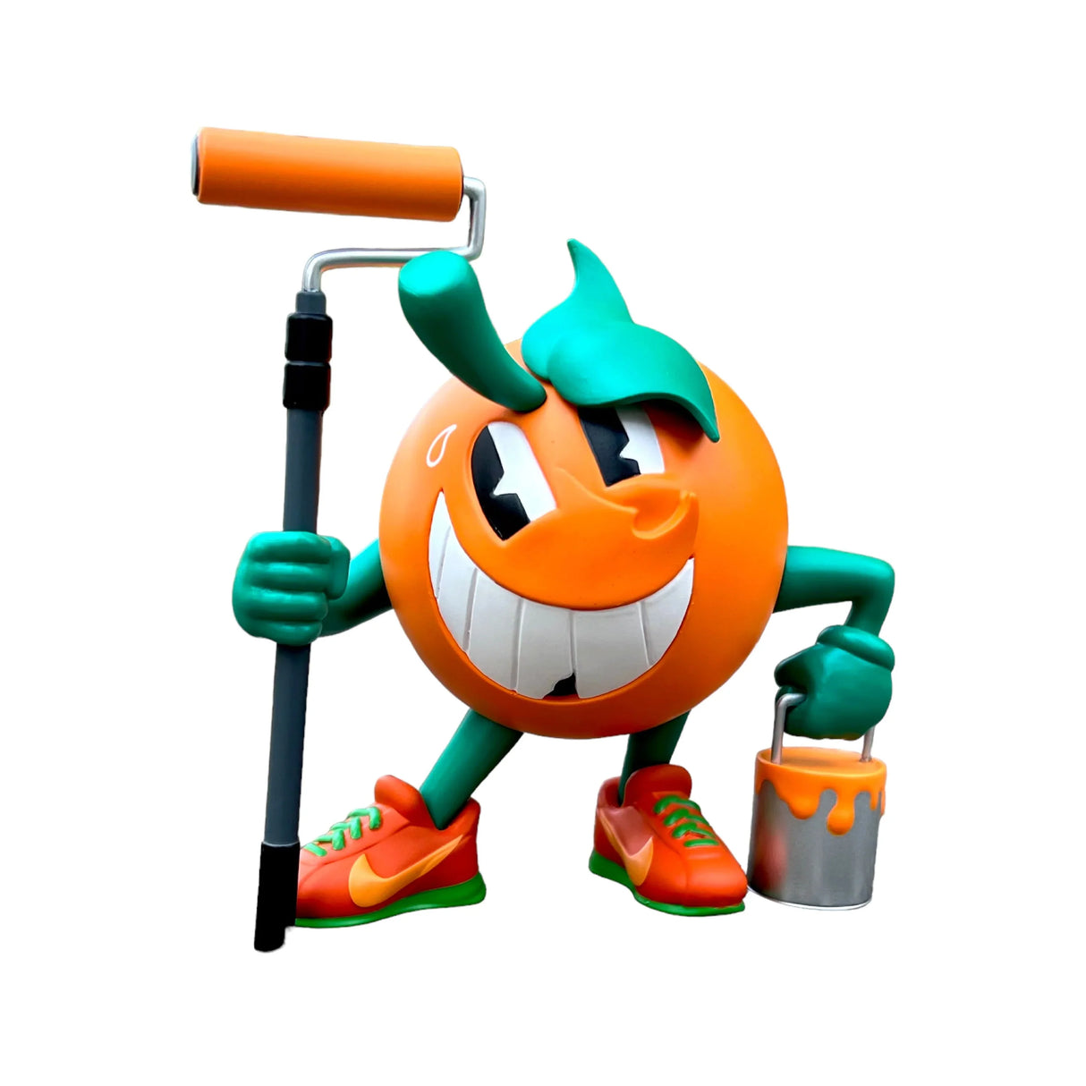 Front view of Atomik Orange OG Roller vinyl figure holding paint roller and bucket