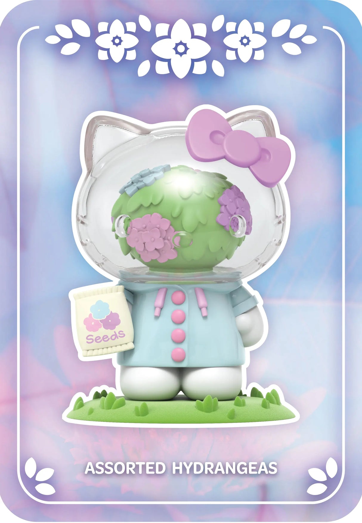 Hello Kitty Assorted Hydrangeas figure holding seed packet.
