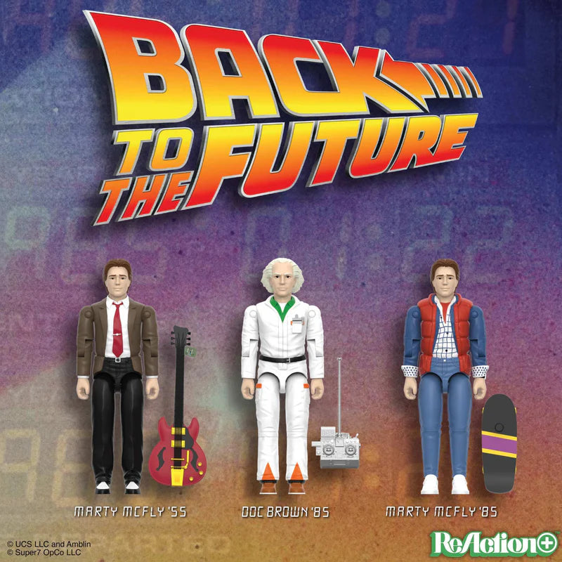 Back to the Future ReAction+ Wave 01 lineup featuring Marty McFly '55, Doc Brown '85 and Marty McFly '85.