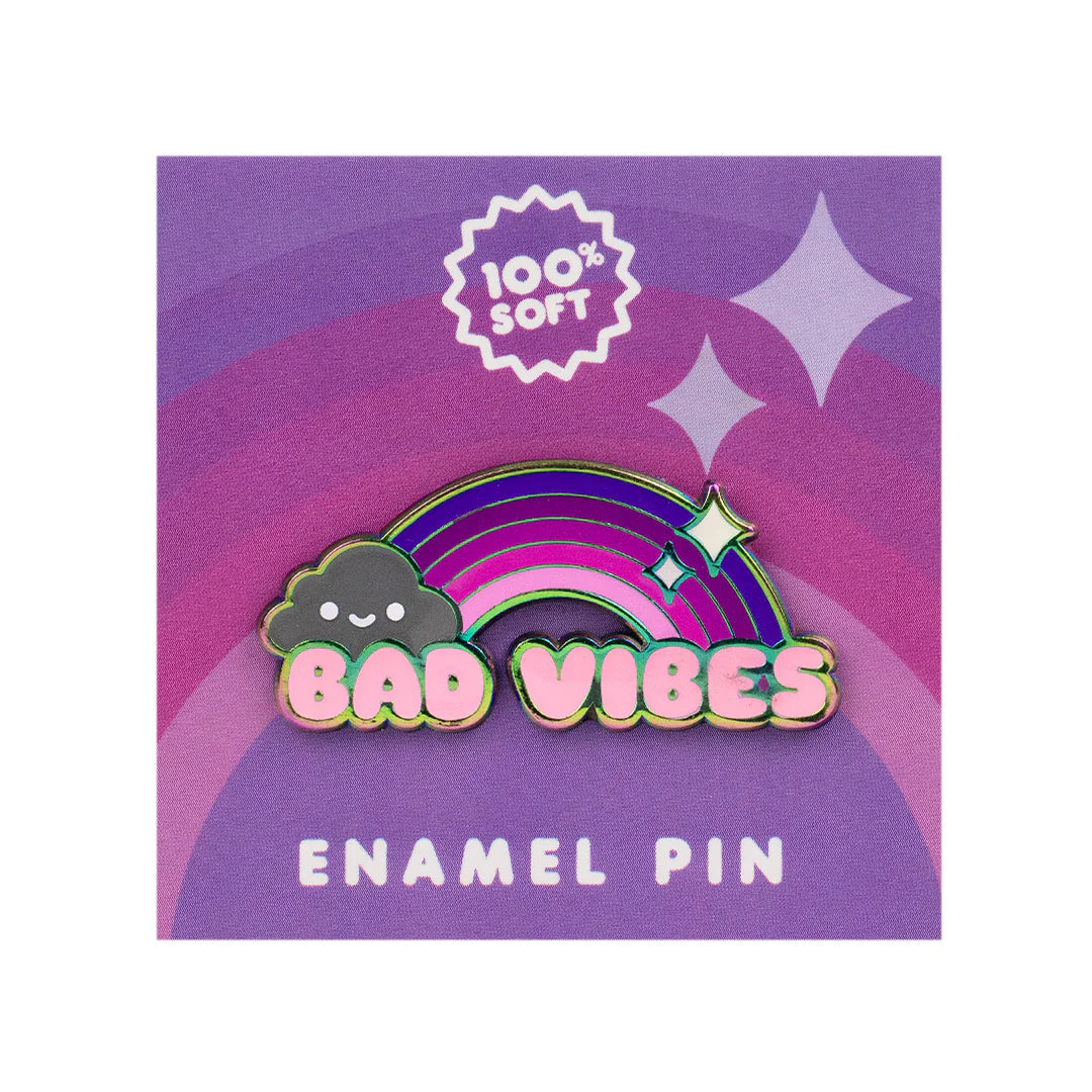 100% soft bad vibes enamel pin on purple packaging card