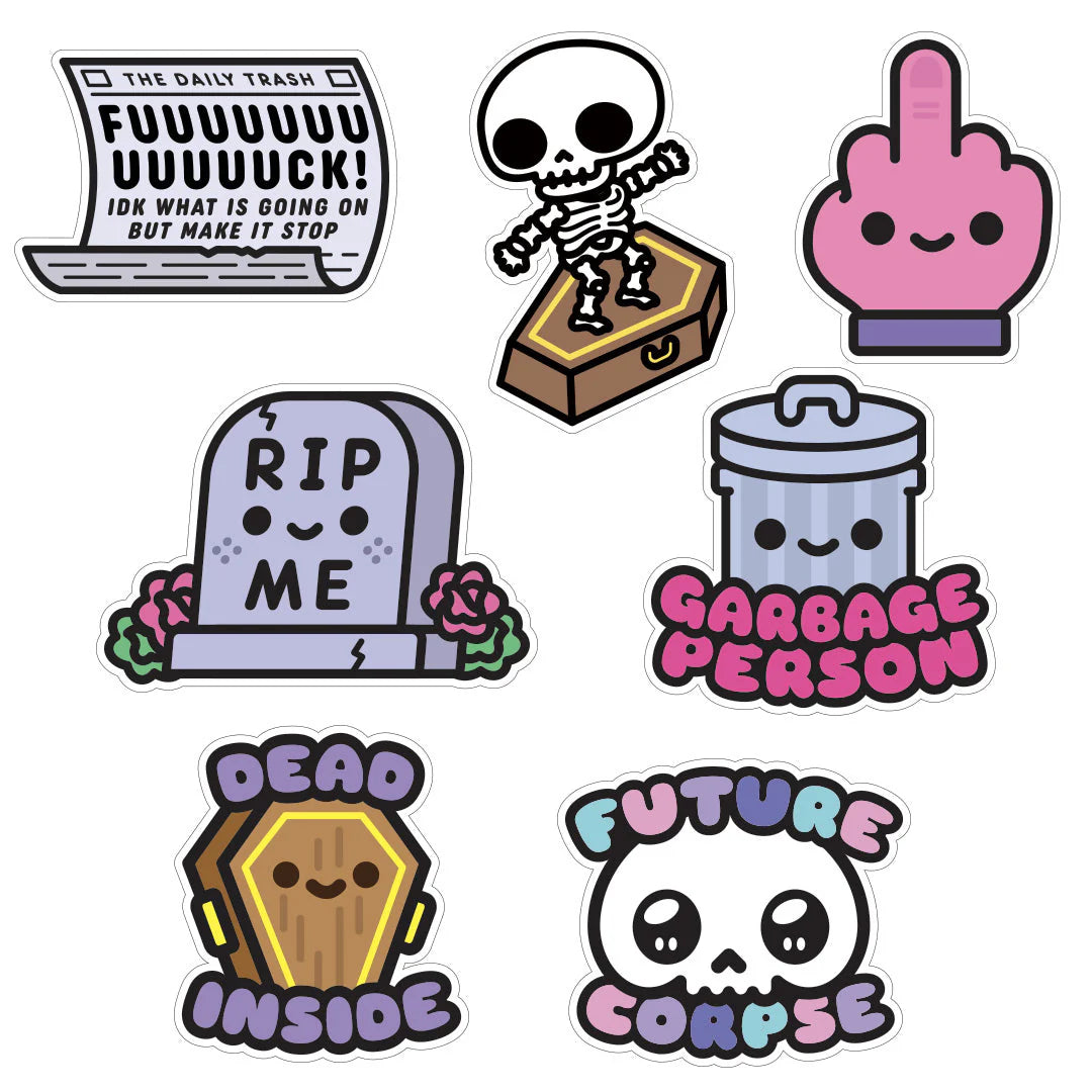 Bad Vibes sticker pack with 7 die-cut vinyl stickers featuring dark humor designs