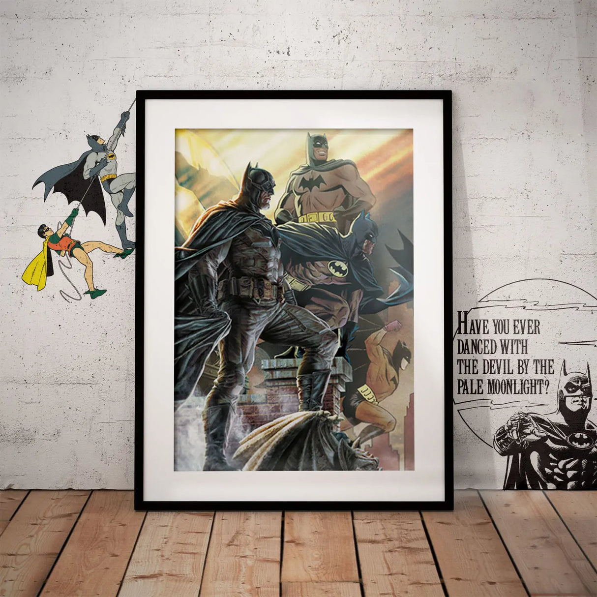Framed Batman 85th Anniversary Limited Edition Art Print displayed on a wall with comic-themed decor