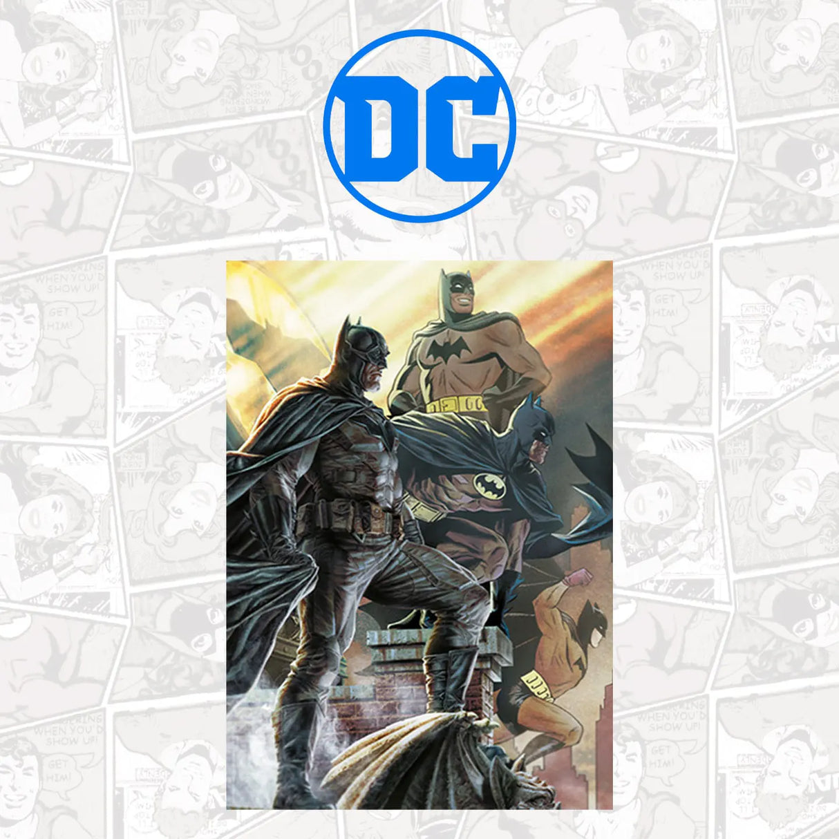 Zoomed-in artwork highlighting classic and modern Batman designs from the 85th Anniversary print