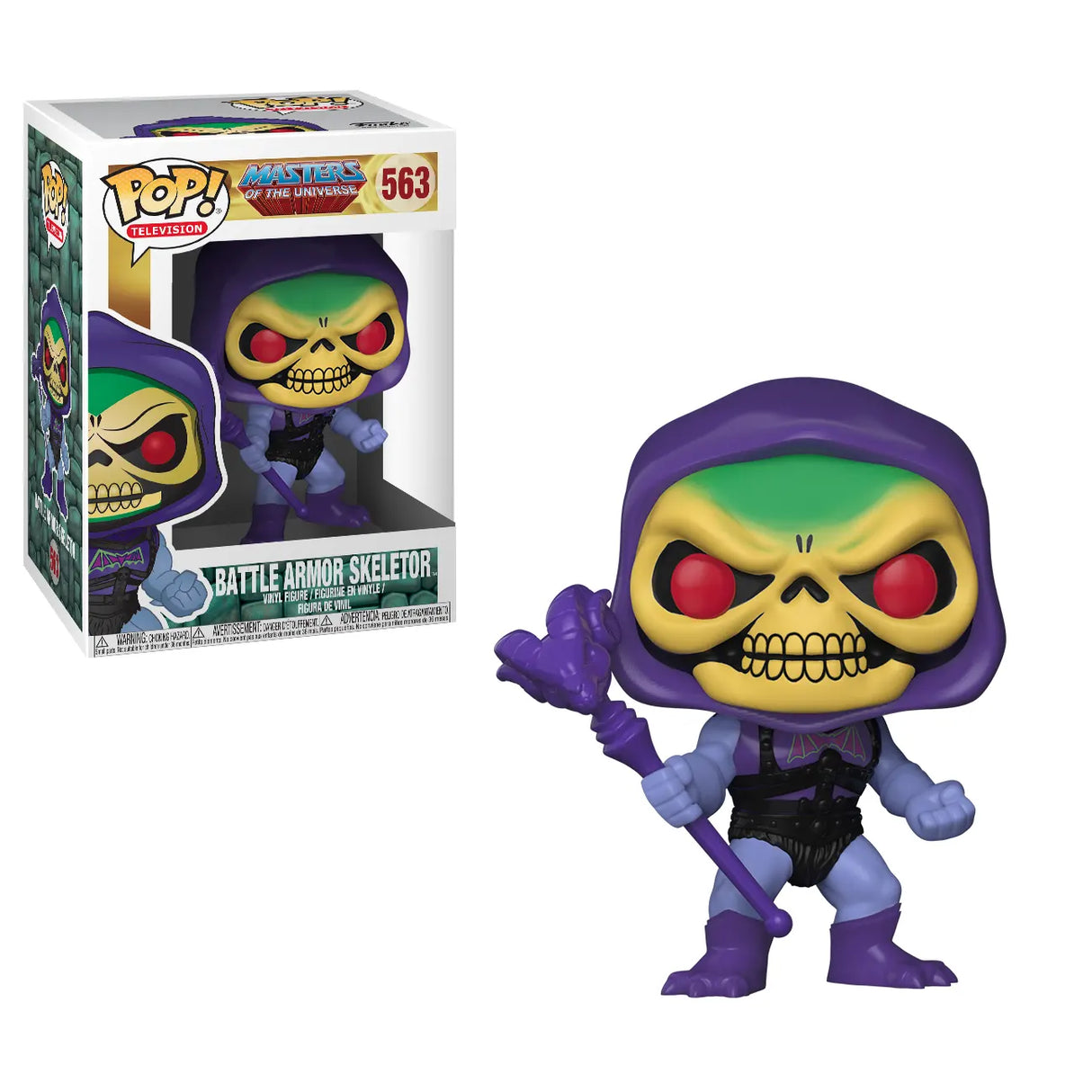 Front and angled view of Battle Armor Skeletor #563 Funko Pop! Vinyl figure holding Havoc Staff.