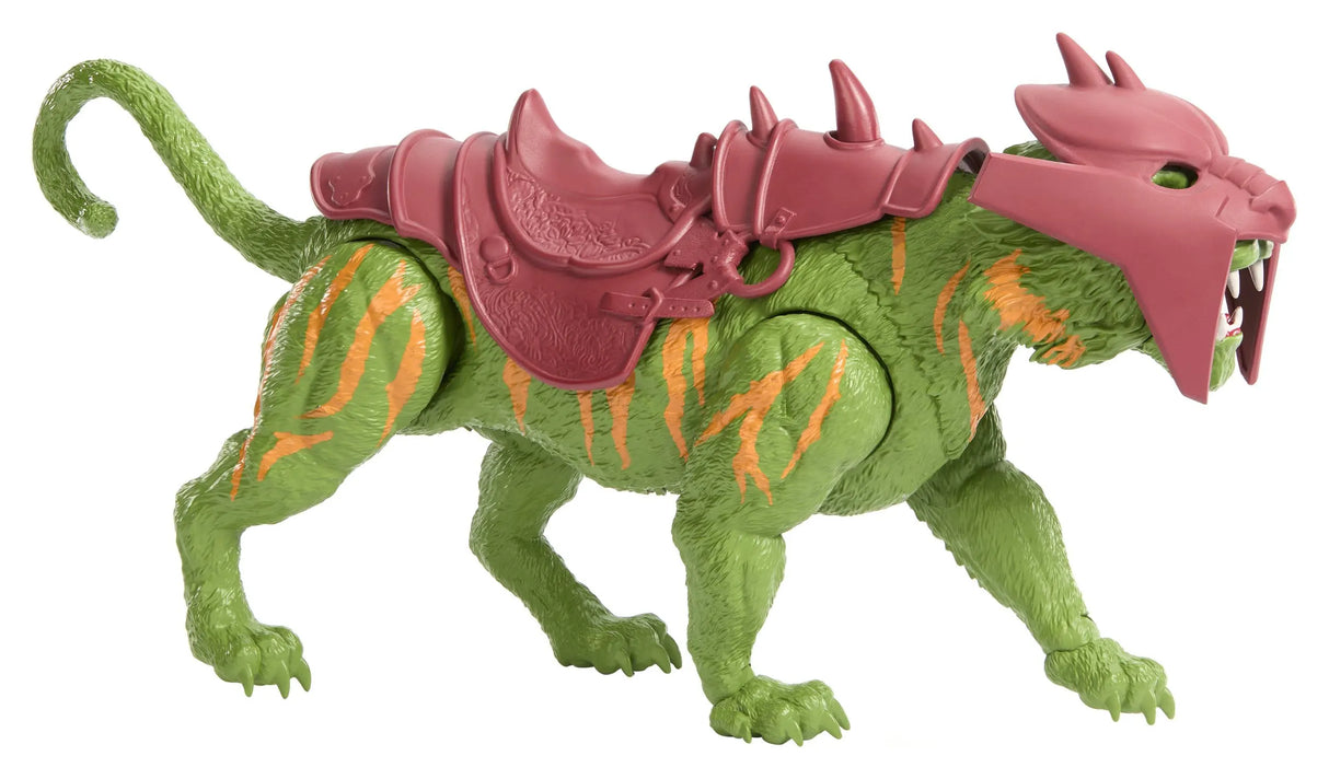 Side profile of Battle Cat 2026 movie action figure with detailed saddle armor