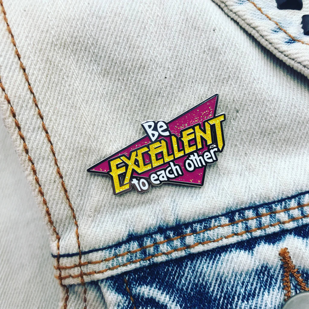 Glitter edition enamel pin by Yesterdays on denim jacket