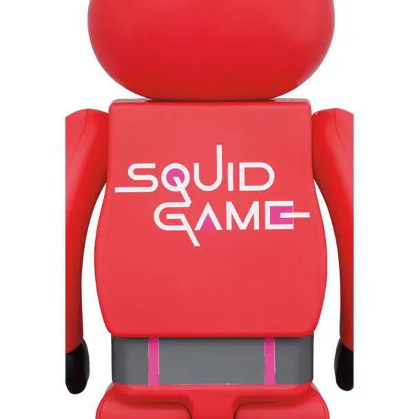 Back of Bearbrick Squid Game figure with logo on red jumpsuit