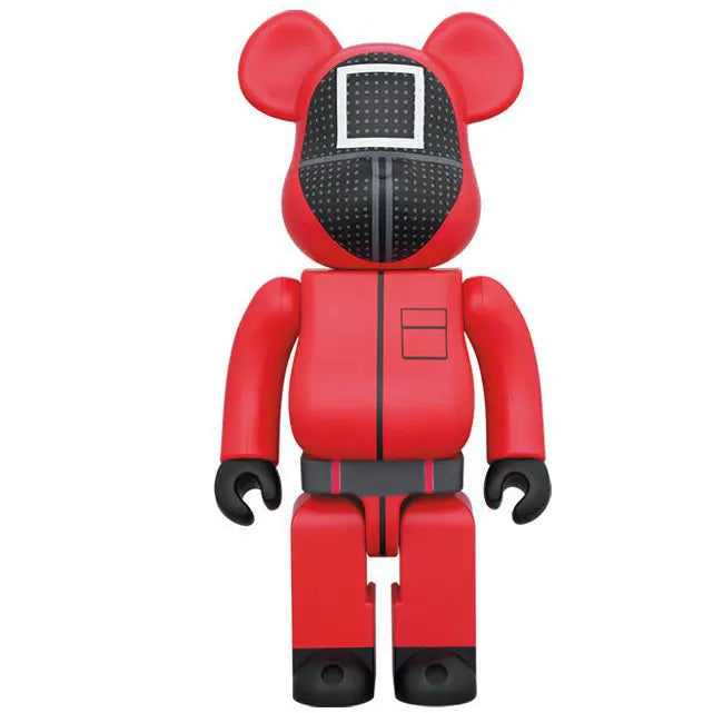 Front view of Bearbrick 1000% Squid Game Square Guard figure in red jumpsuit