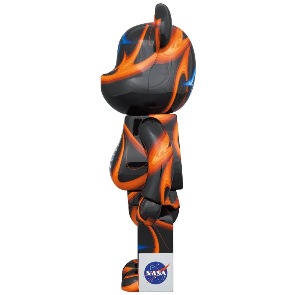 Side profile of Bearbrick Doubly Warped Black Hole featuring NASA logo on the foot