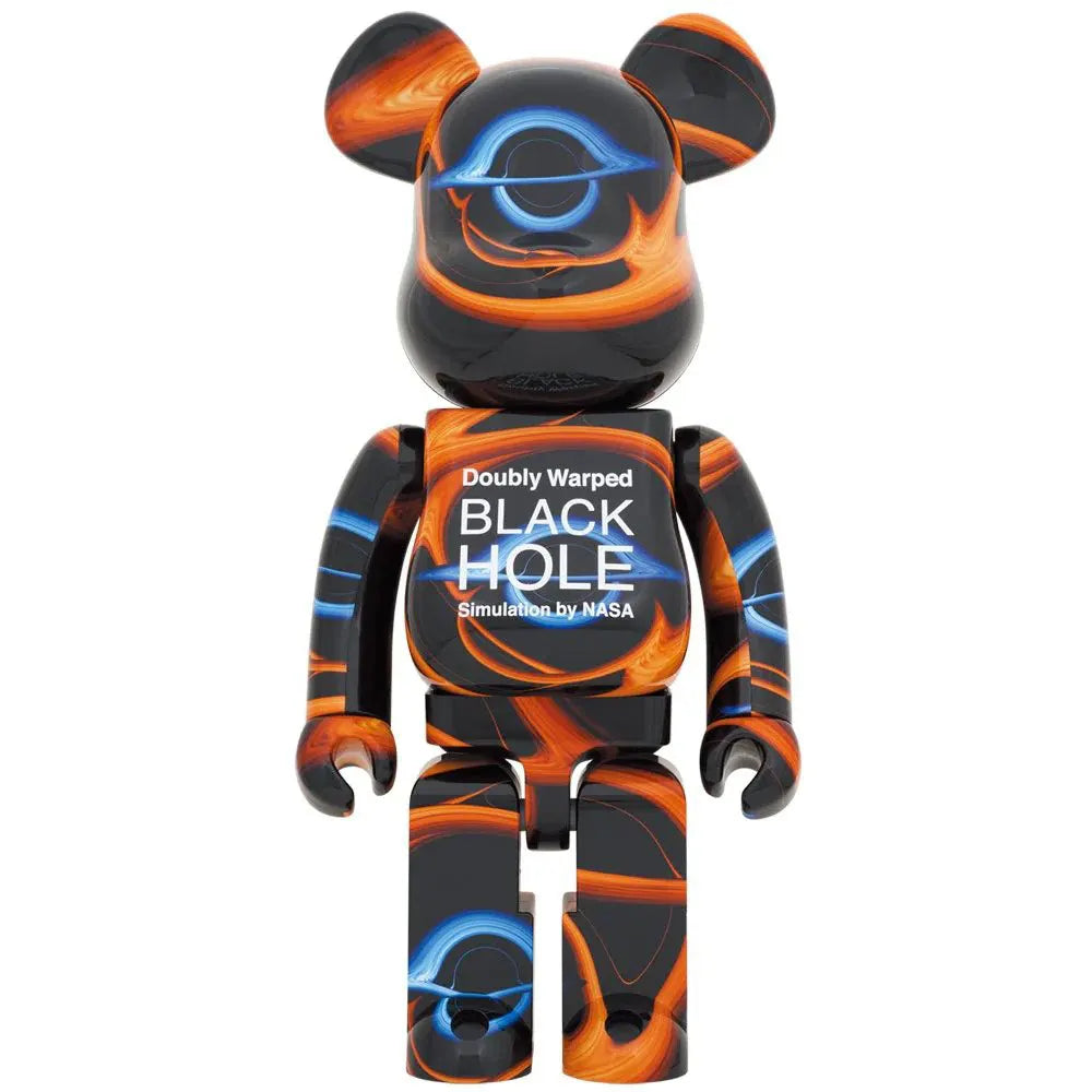 1000% Bearbrick Doubly Warped Black Hole front view with swirling orange and blue NASA simulation design