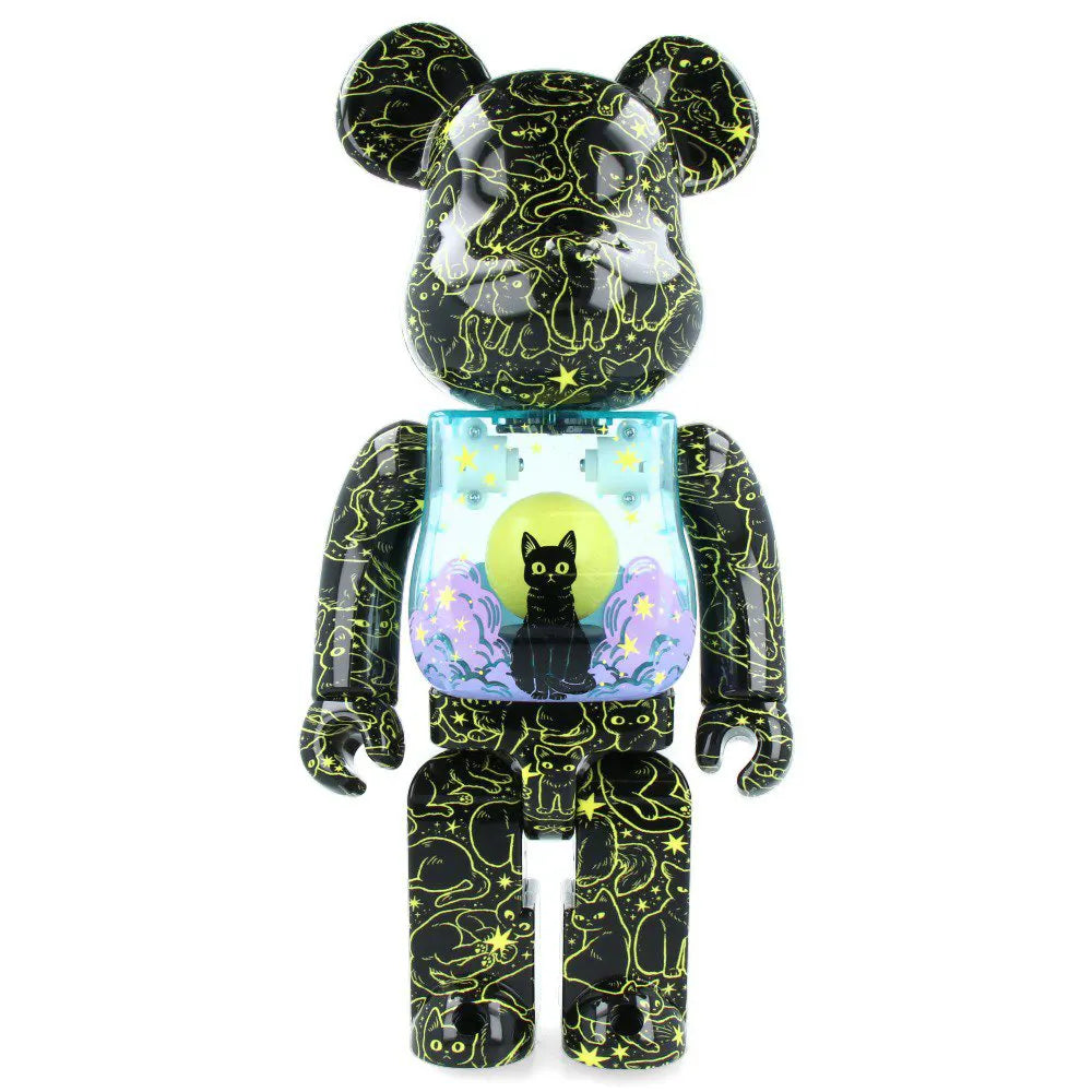 Front view of 400% Bearbrick Cat in the Night Sky art toy featuring black cat and stars