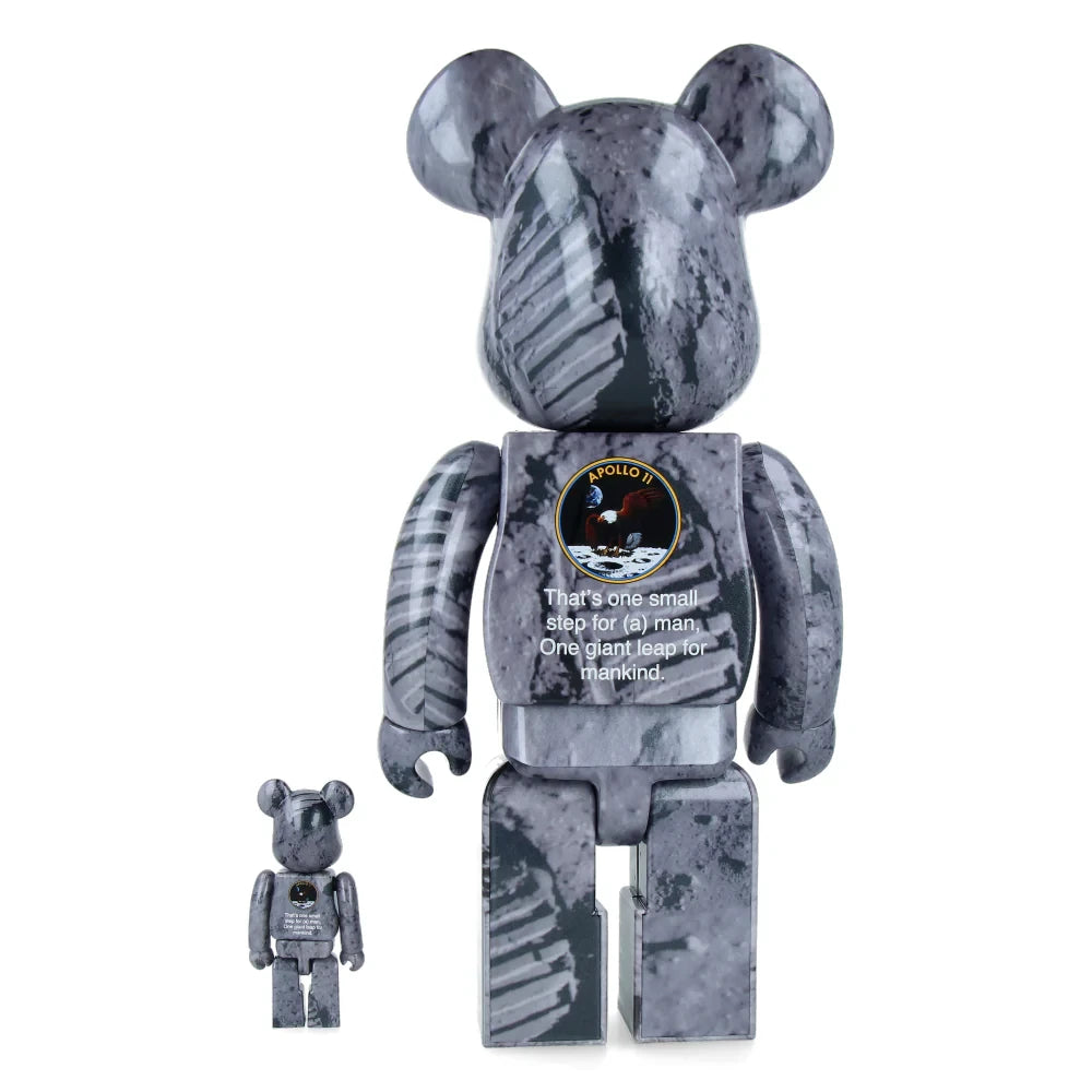 Back of Bearbrick Moon Footprints featuring Apollo 11 patch and quote