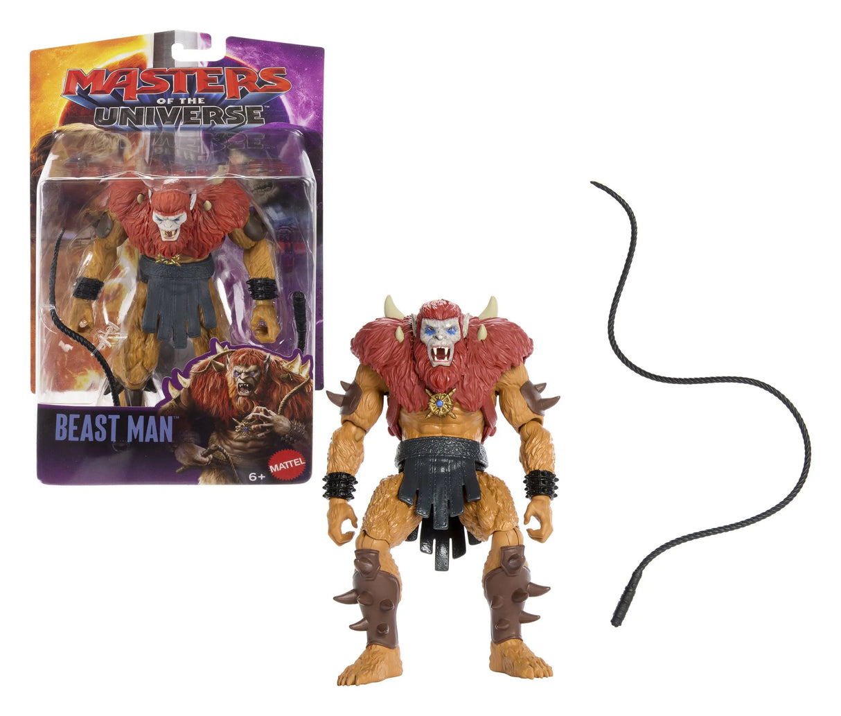 Beast Man Masters of the Universe movie action figure in retail packaging with whip accessory