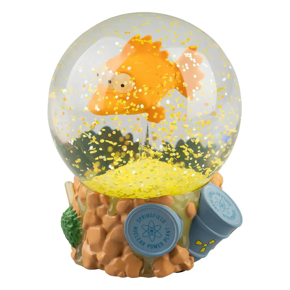 Blinky The Simpsons snow globe featuring the three-eyed fish floating above a Springfield Nuclear Power Plant themed base with yellow glitter