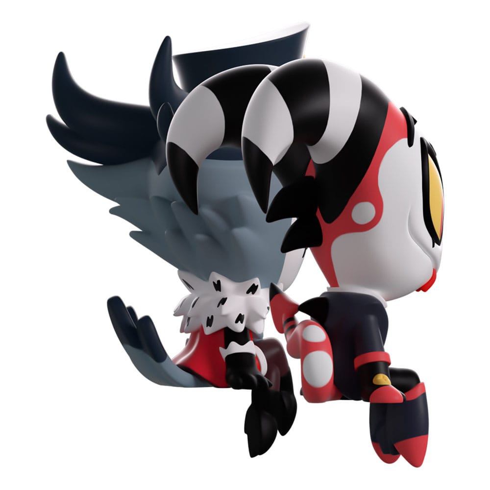 Angled rear perspective of Blitzo and Stolas Helluva Boss Monitor Buddiez collectible figures