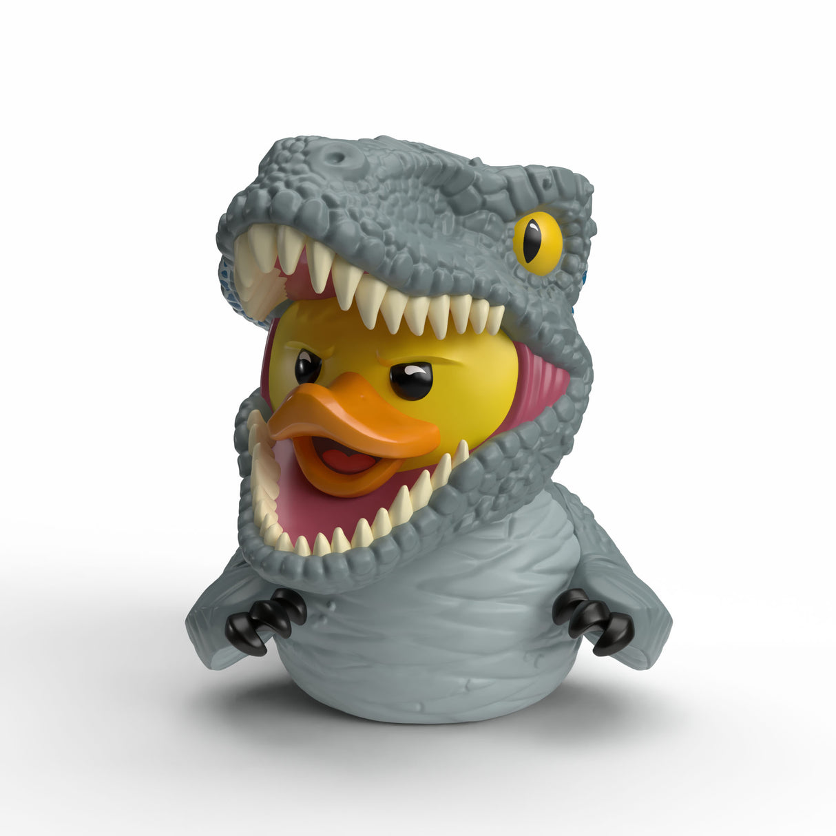 Close-up of Blue TUBBZ figure with open raptor jaws and detailed sculpt