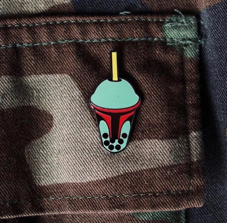 Boba Soft Enamel Pin on Jacket