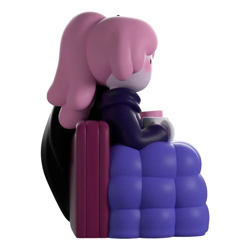 Side view of Bonnie Youtooz vinyl figure holding a mug while wrapped in a purple quilt next to Marceline.