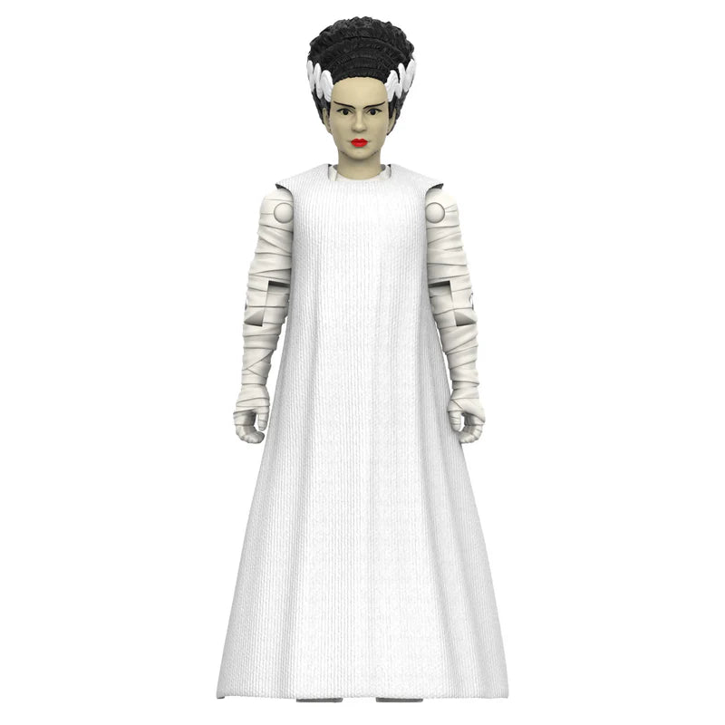 Bride of Frankenstein ReAction+ action figure by Super7 wearing a white soft goods dress with screen-accurate hair and facial details.