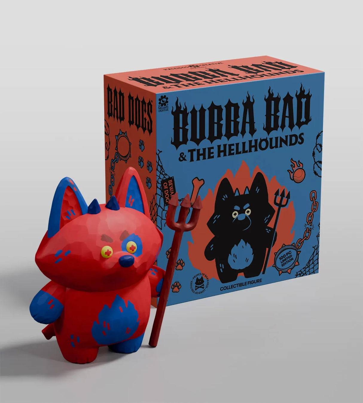 Bubba Bad Hellhounds figure displayed next to illustrated packaging box