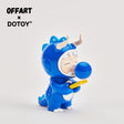 Side view of Bubble Dino Jimmy Boy (Blue) figure blowing a bubble and holding a coin