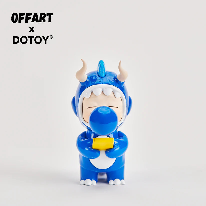 Front view of Bubble Dino Jimmy Boy (Blue) vinyl figure with eyes closed and bubblegum detail