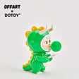 Side view of Bubble Dino Jimmy Boy in green dragon suit blowing bubble gum