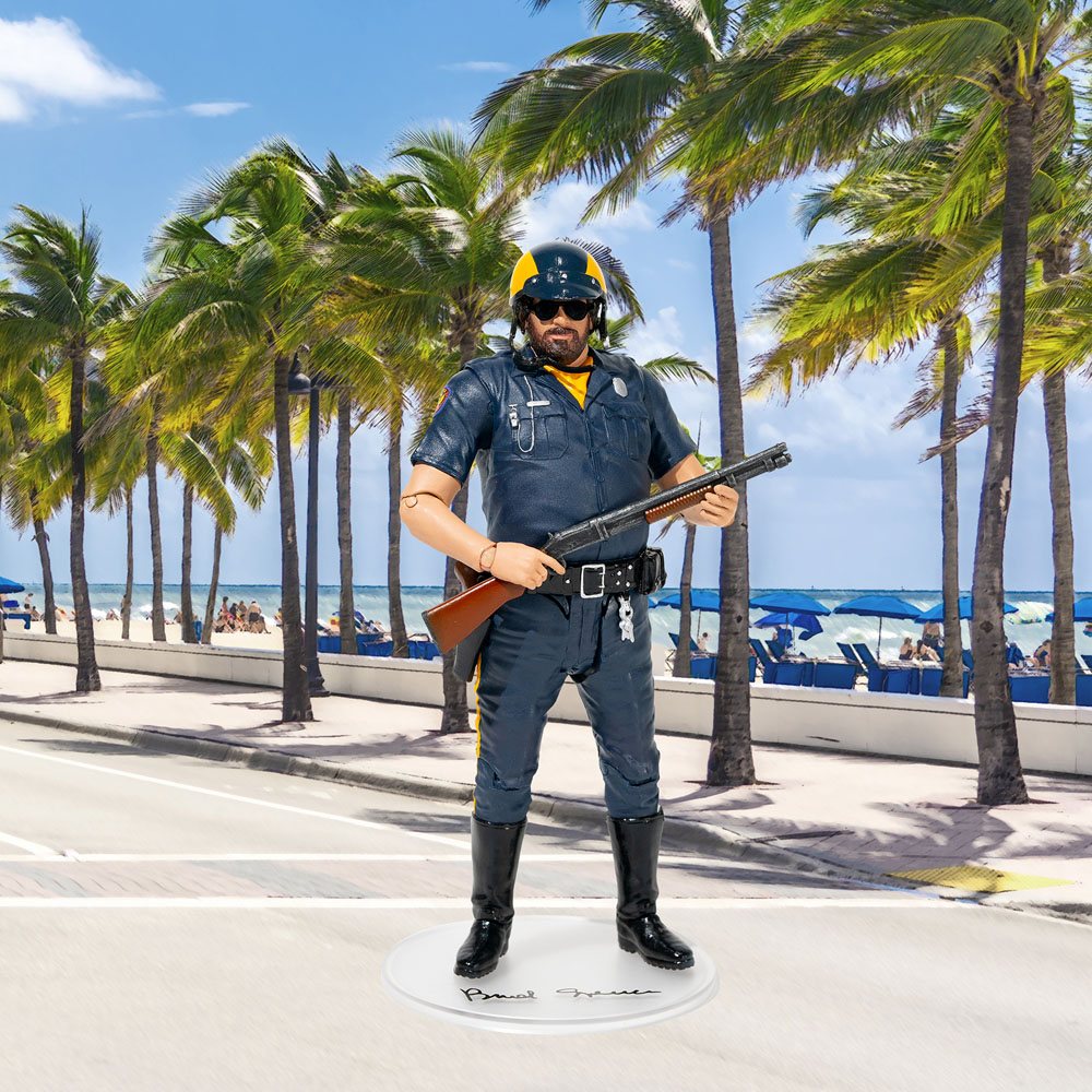 Bud Spencer Wilbur Walsh action figure displayed on Miami street background