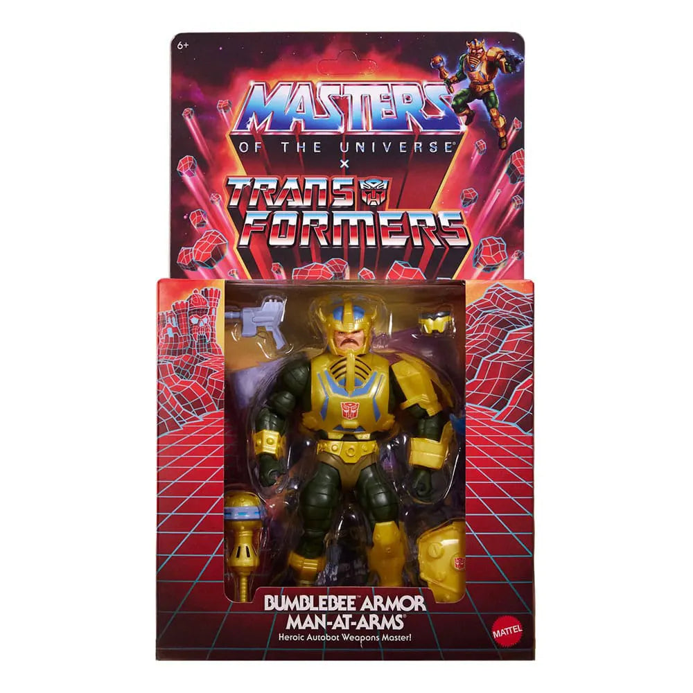 Masters of the Universe x Transformers Bumblebee Armor Man-At-Arms in exclusive packaging with red and black retro grid design