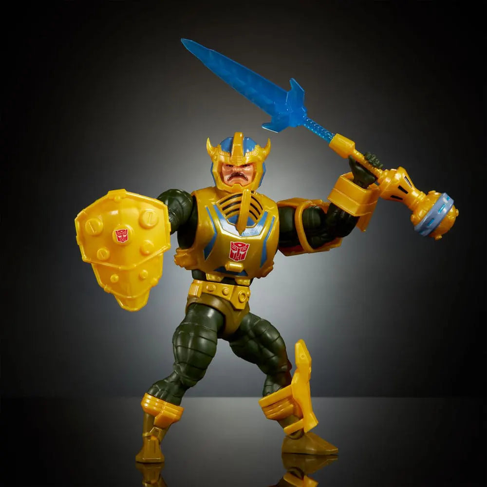 Bumblebee Armor Man-At-Arms in dynamic battle stance with shield and sword, showing removable armor details