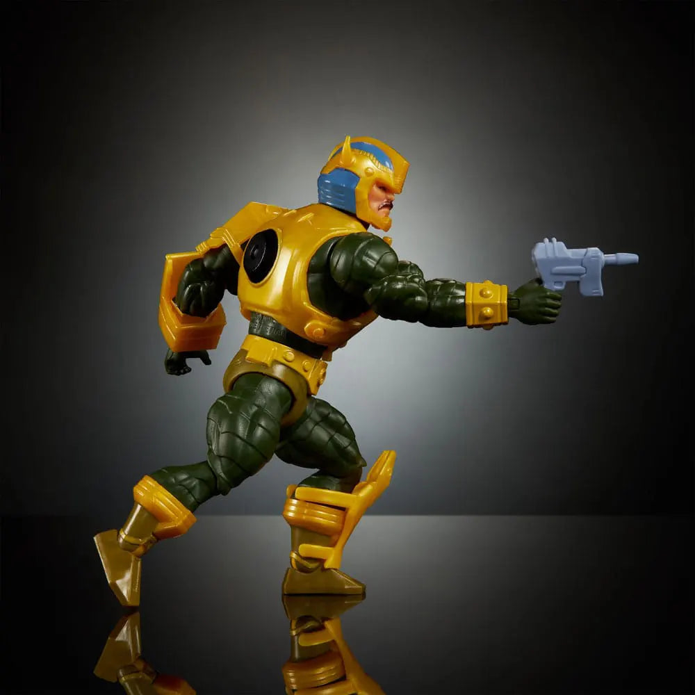 Rear view of Masters of the Universe x Transformers Bumblebee Armor Man-At-Arms aiming a blaster weapon