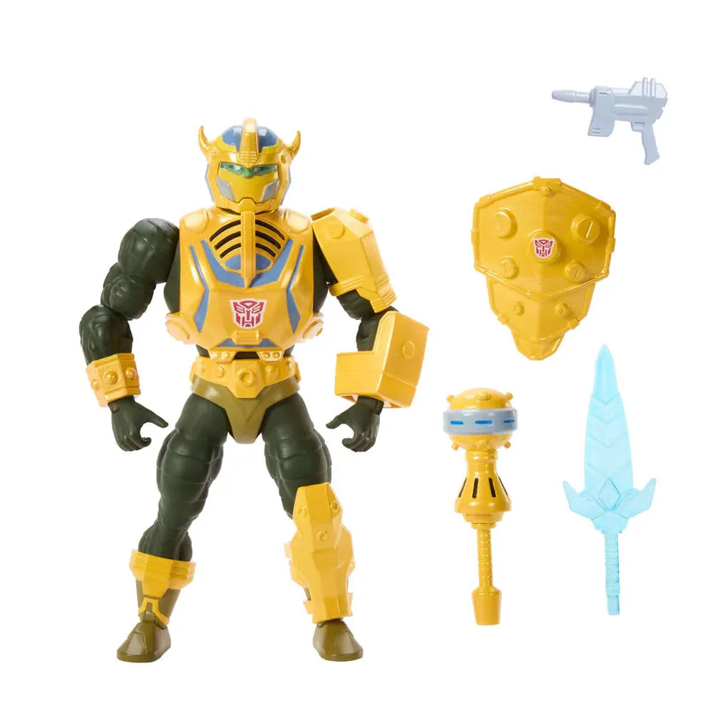 Masters of the Universe x Transformers Bumblebee Armor Man-At-Arms action figure with yellow armor and multiple accessories including weapons and shield