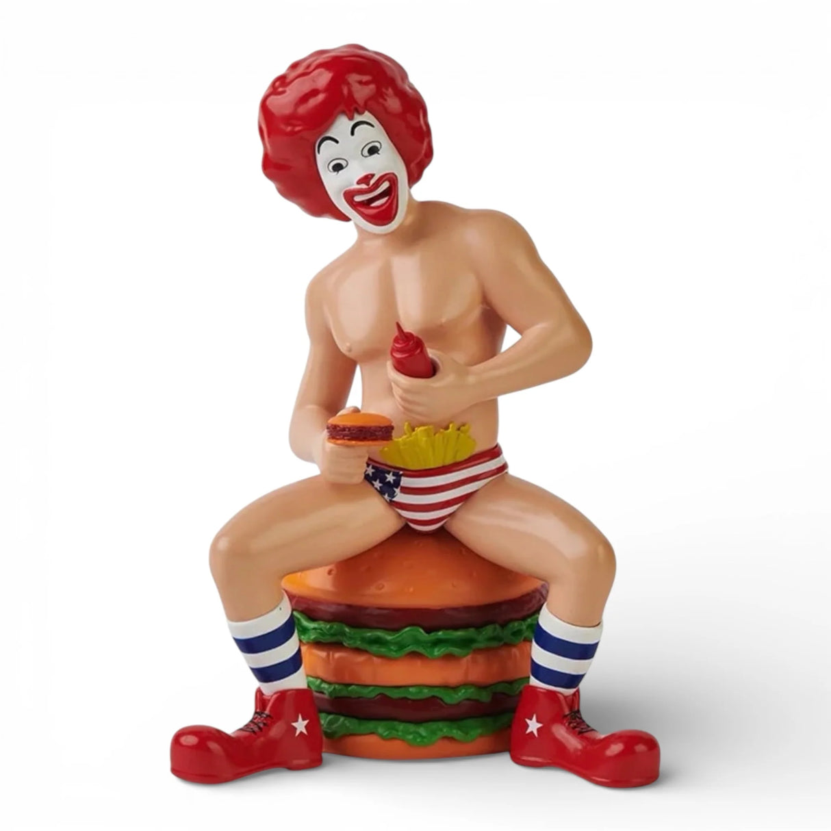 Burger Buddy Vintage Edition resin art toy by Wizard Skull x Hunt Tokyo sitting on burger base front view
