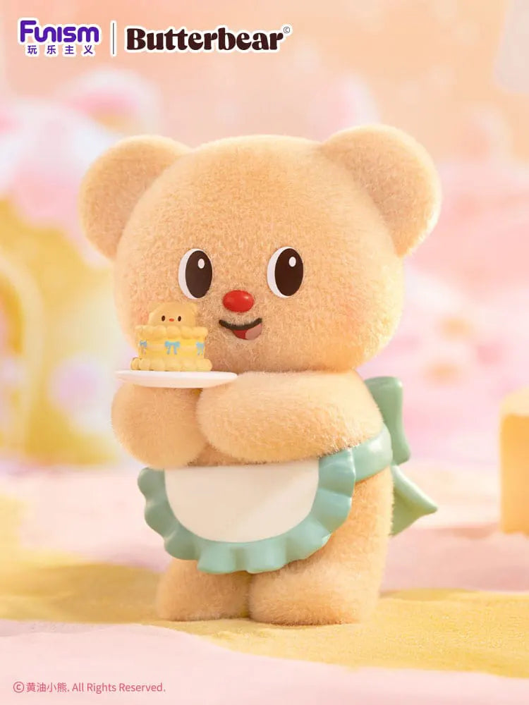 Butterbear serving a cake with bear topper – kawaii bakery collectible