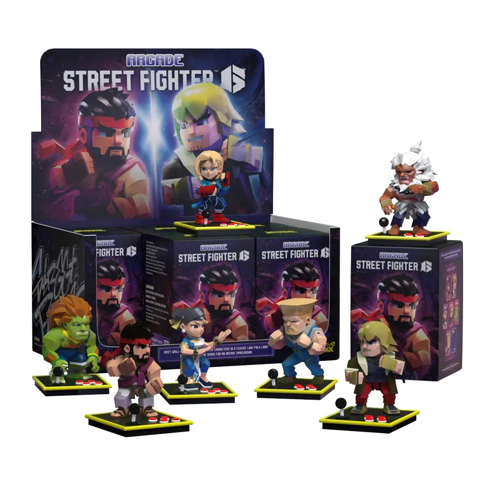 Street Fighter arcade blind box display with multiple low-poly character figures