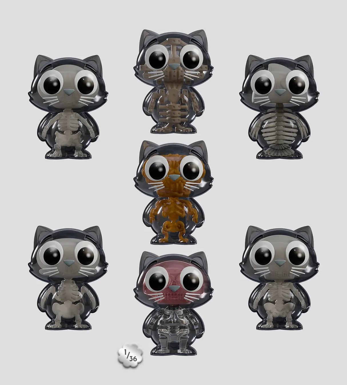 Catscans Bare Bones blind box series featuring multiple X-ray style cat figures with different skeleton designs