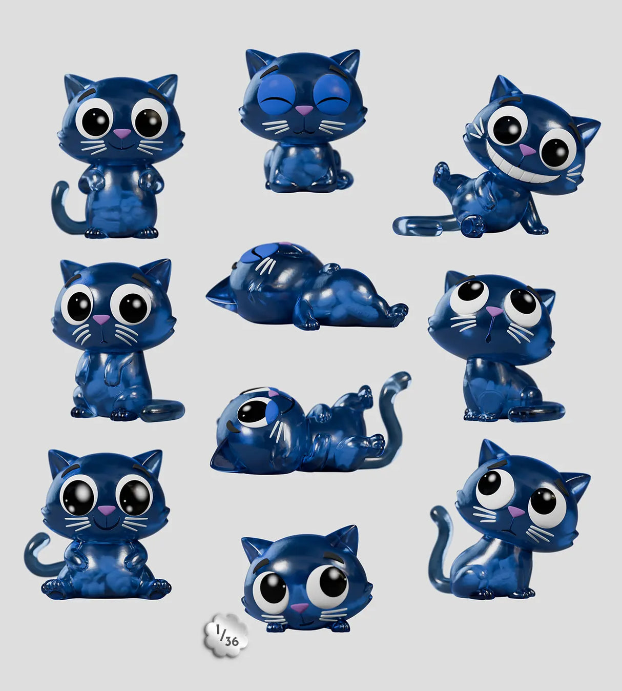 Catscans blind box full set featuring multiple blue transparent cat figures in different poses