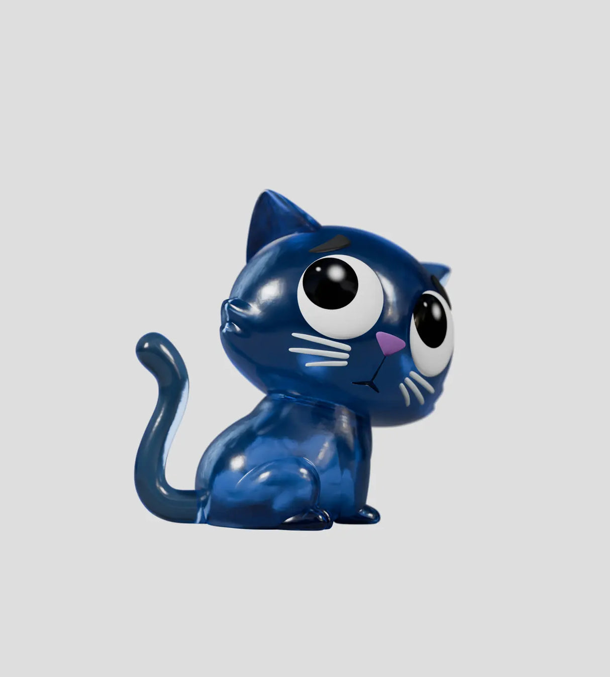 close-up of Catscans cat face with large eyes and transparent blue finish