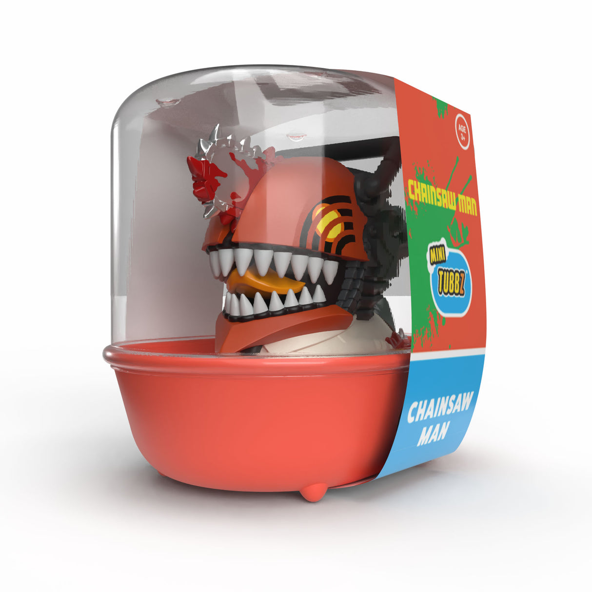 Mini TUBBZ Chainsaw Man Denji figure displayed inside its clear bathtub packaging.
