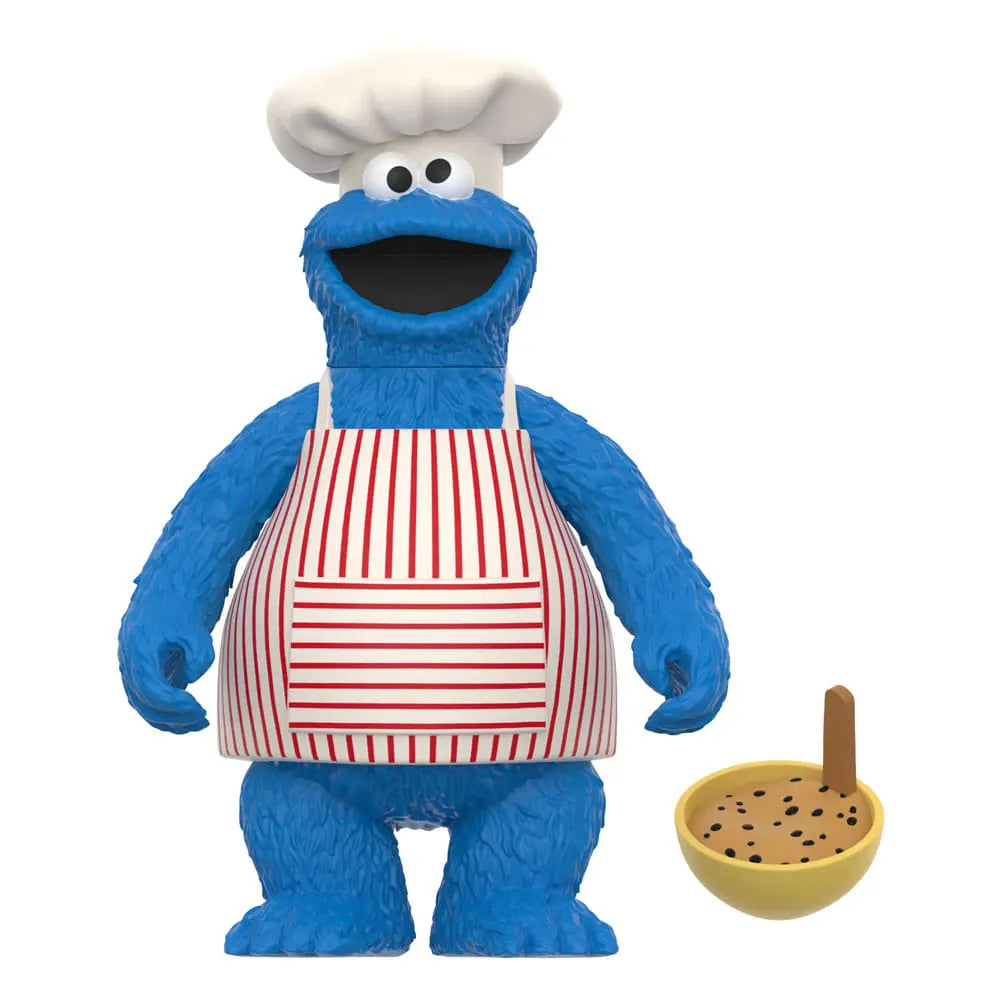 Chef Cookie Monster Super7 ReAction Figure front view with chef hat, apron, and mixing bowl accessory