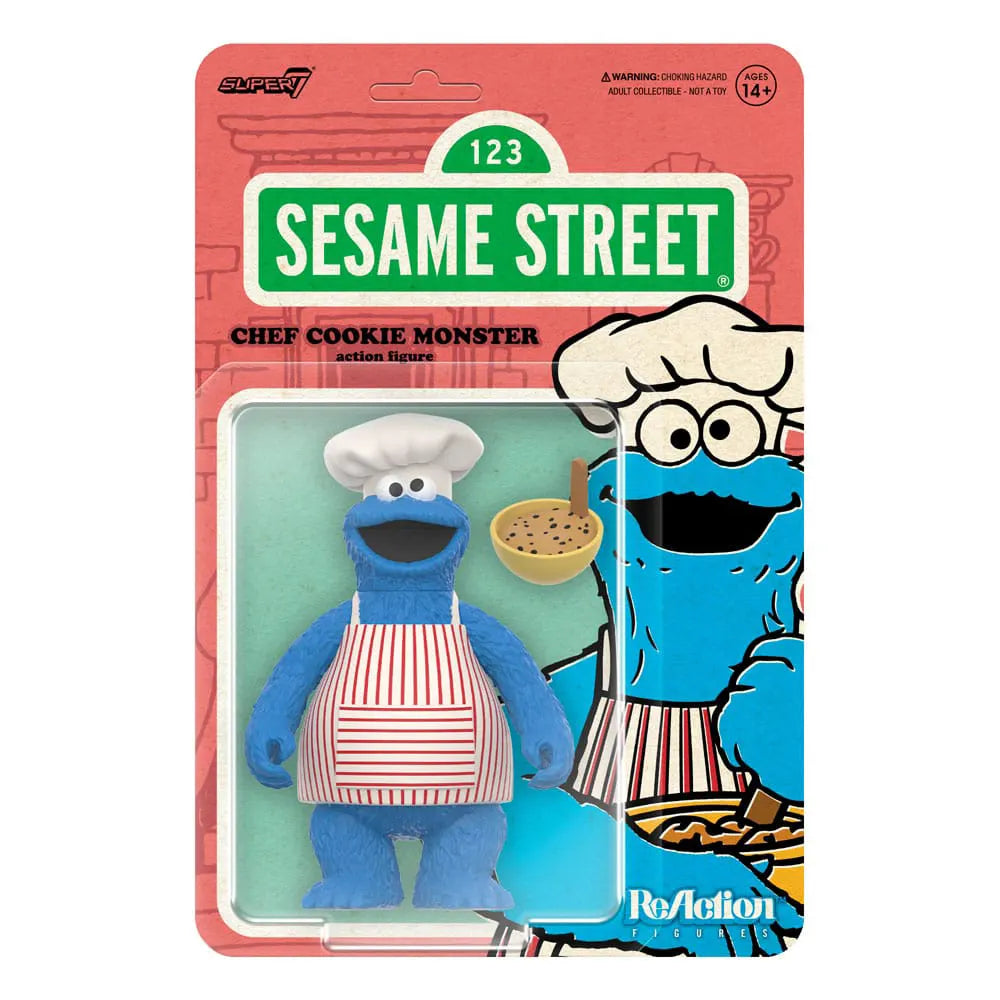 Packaged Chef Cookie Monster ReAction Figure by Super7 Wave 04 on blister card with retro artwork