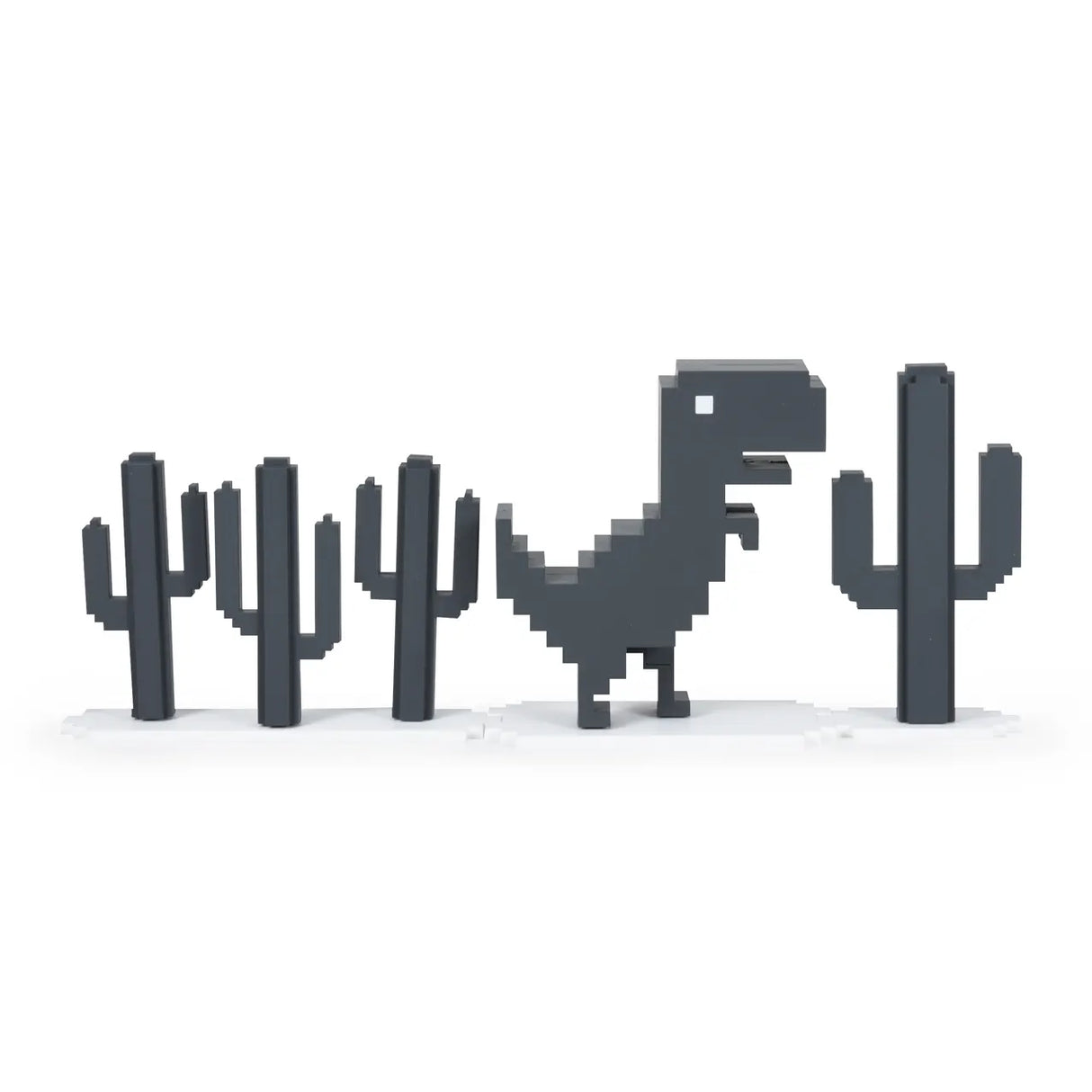 Pixel dinosaur with 4 cacti on white display platform – Chrome Dino Standard Edition figure set.